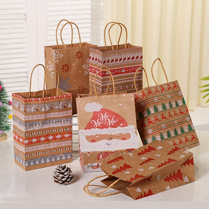 Christmas Kraft Gift Bags - 12 Pack Cartoon Holiday Paper Tote Bags