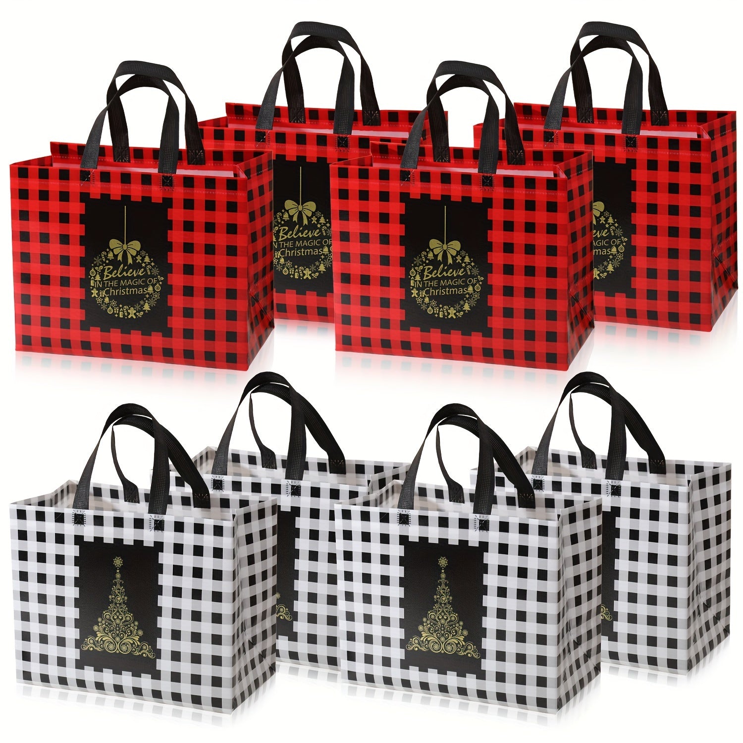 8-Pack Reusable Non-Woven Polypropylene Plaid Christmas Gift Tote Bags with Handles