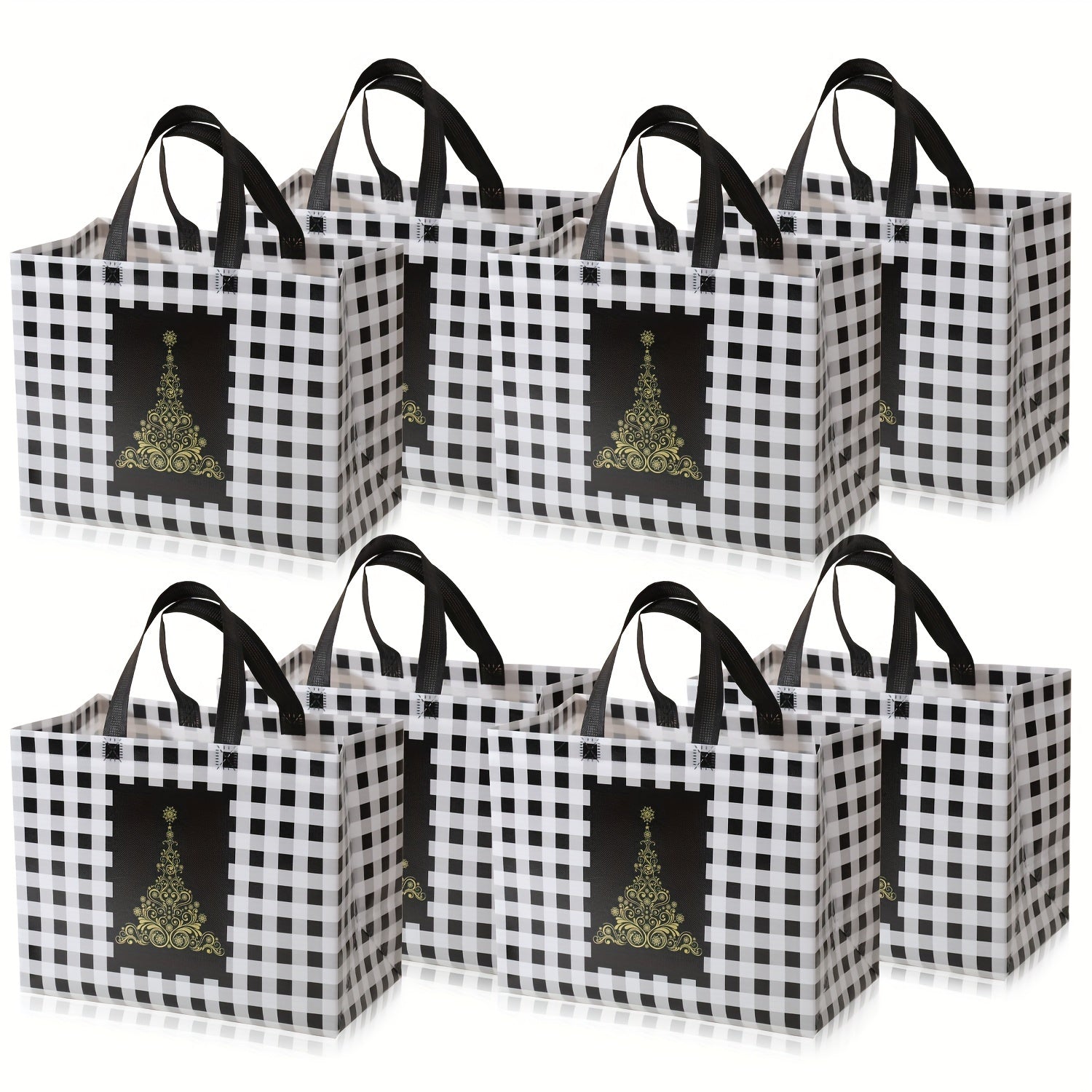 8-Pack Reusable Non-Woven Polypropylene Plaid Christmas Gift Tote Bags with Handles