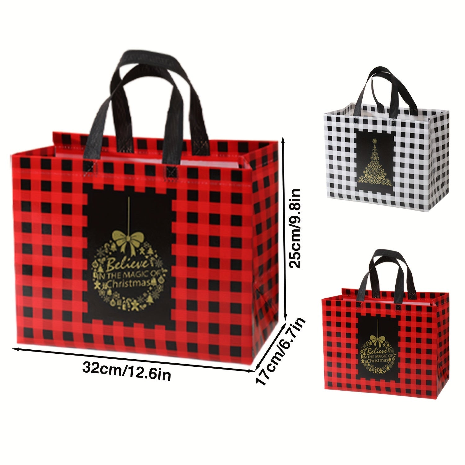 8-Pack Reusable Non-Woven Polypropylene Plaid Christmas Gift Tote Bags with Handles