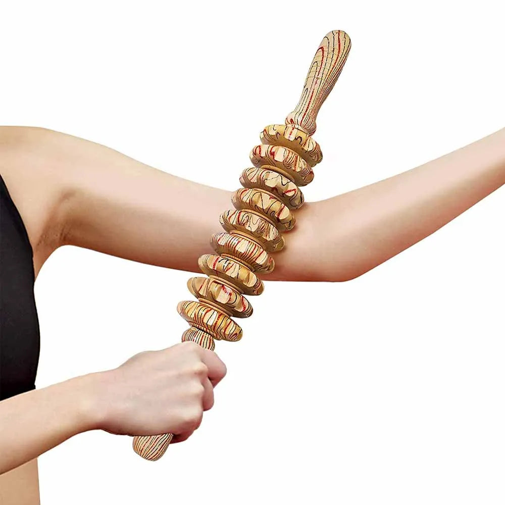 9-Roller Wooden Handheld Body Massager