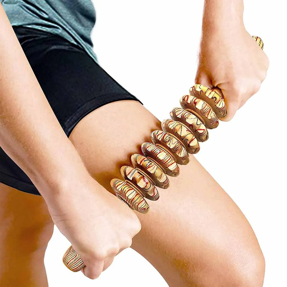 9-Roller Wooden Handheld Body Massager