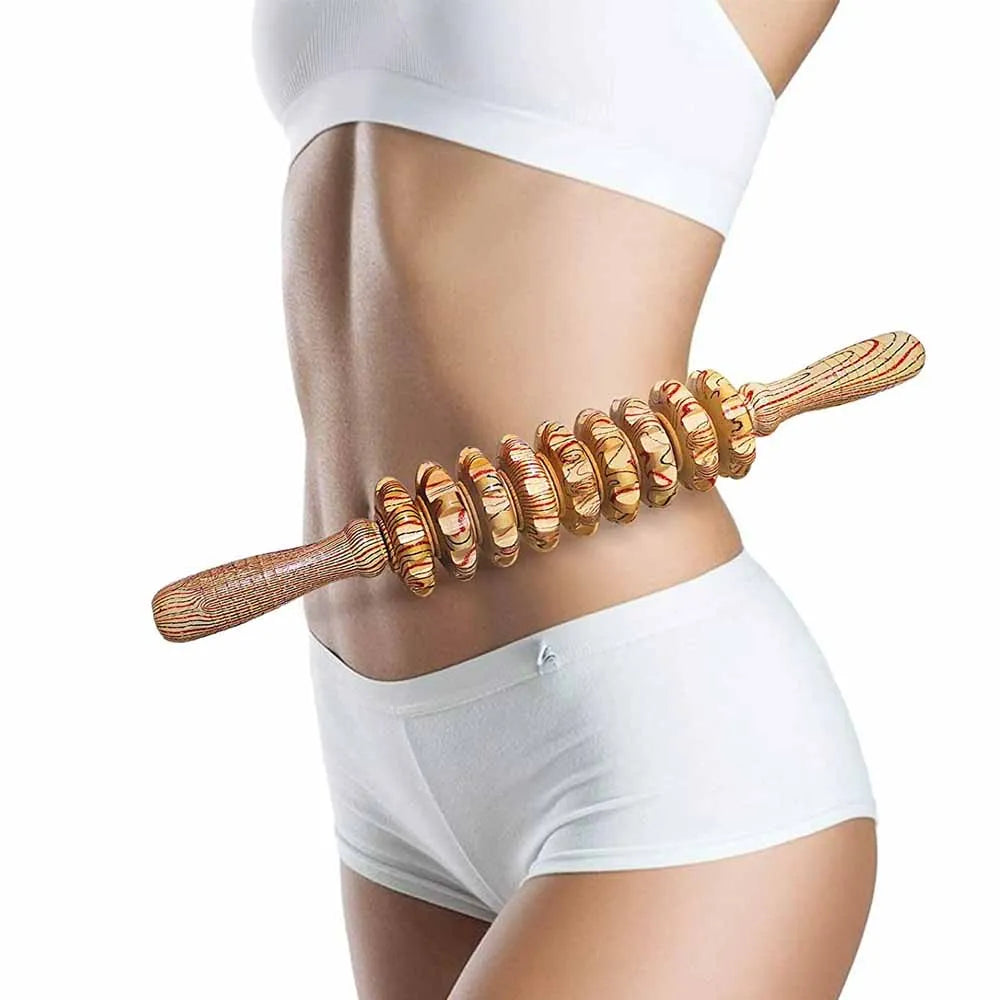 9-Roller Wooden Handheld Body Massager