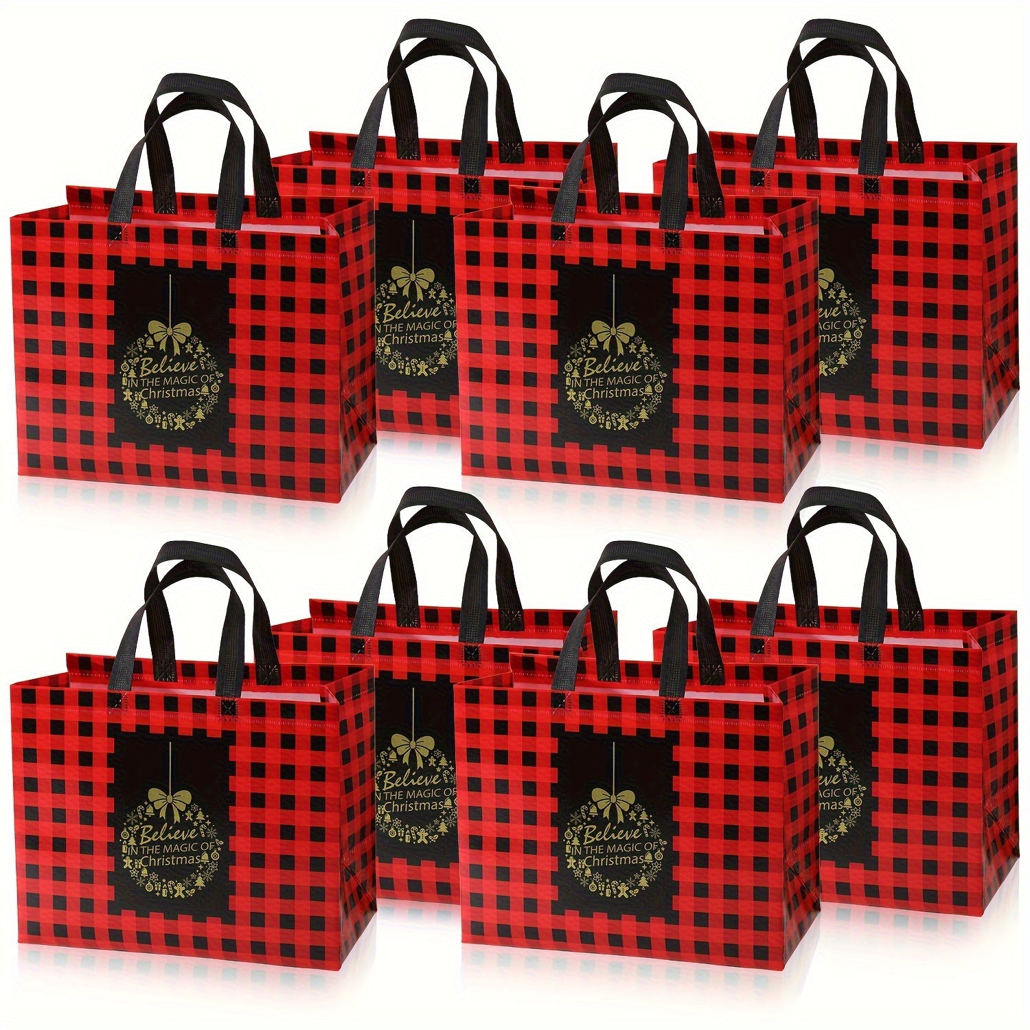 8-Pack Reusable Non-Woven Polypropylene Plaid Christmas Gift Tote Bags with Handles