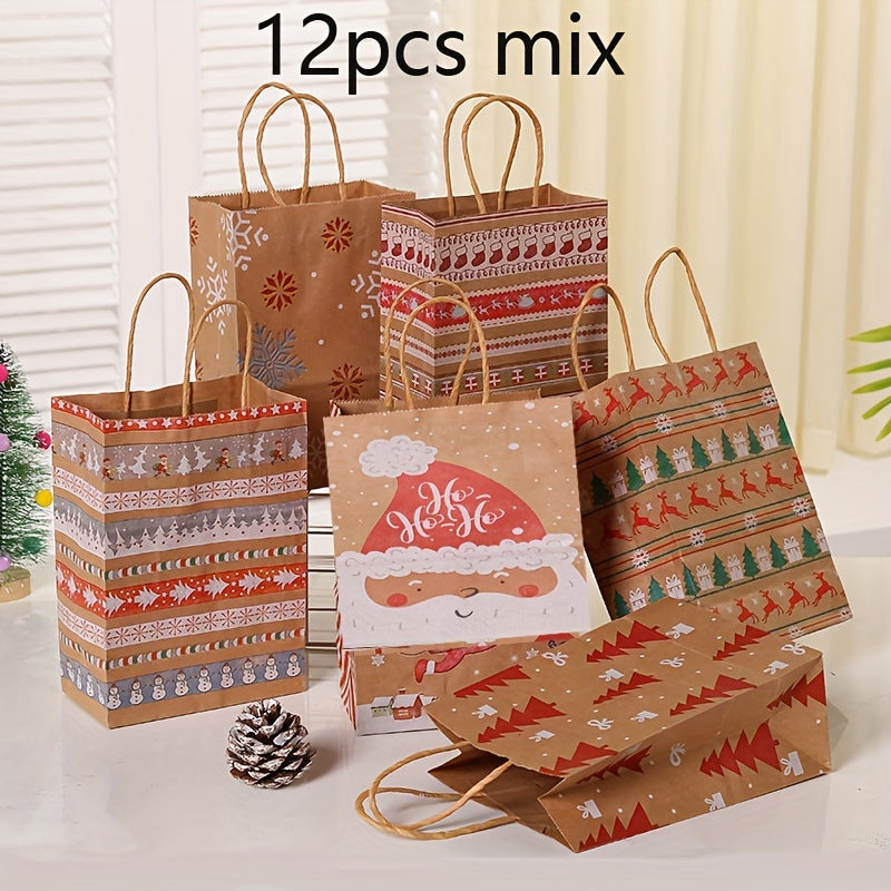 Christmas Kraft Gift Bags - 12 Pack Cartoon Holiday Paper Tote Bags