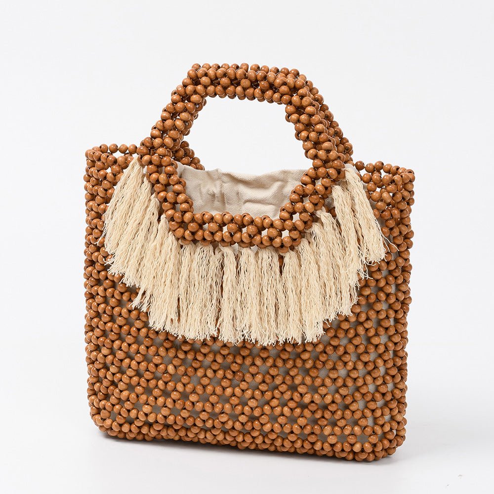 Beach Vacation Wooden Bead Bag – Handwoven Women's Travel Tote, Fringe Boho Handbag - WIVAStore