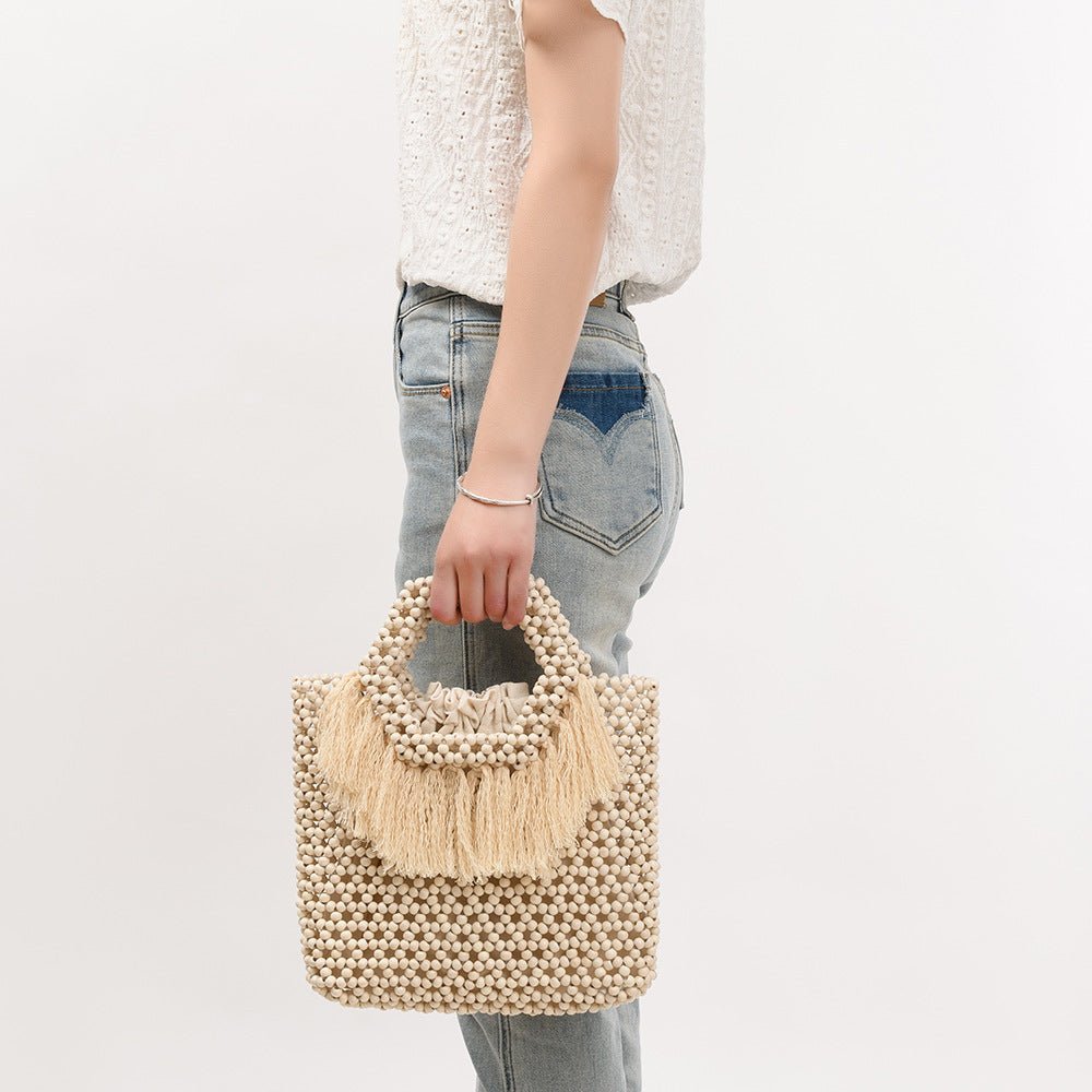 Beach Vacation Wooden Bead Bag – Handwoven Women's Travel Tote, Fringe Boho Handbag - WIVAStore