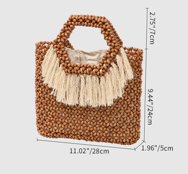 Beach Vacation Wooden Bead Bag – Handwoven Women's Travel Tote, Fringe Boho Handbag - WIVAStore