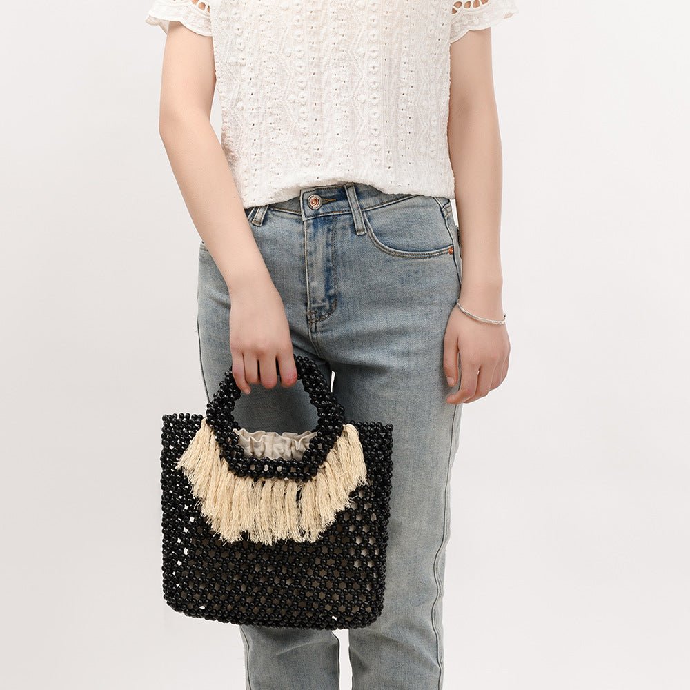 Beach Vacation Wooden Bead Bag – Handwoven Women's Travel Tote, Fringe Boho Handbag - WIVAStore