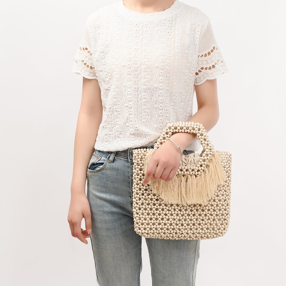 Beach Vacation Wooden Bead Bag – Handwoven Women's Travel Tote, Fringe Boho Handbag - WIVAStore