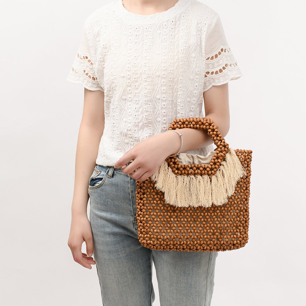 Beach Vacation Wooden Bead Bag – Handwoven Women's Travel Tote, Fringe Boho Handbag - WIVAStore
