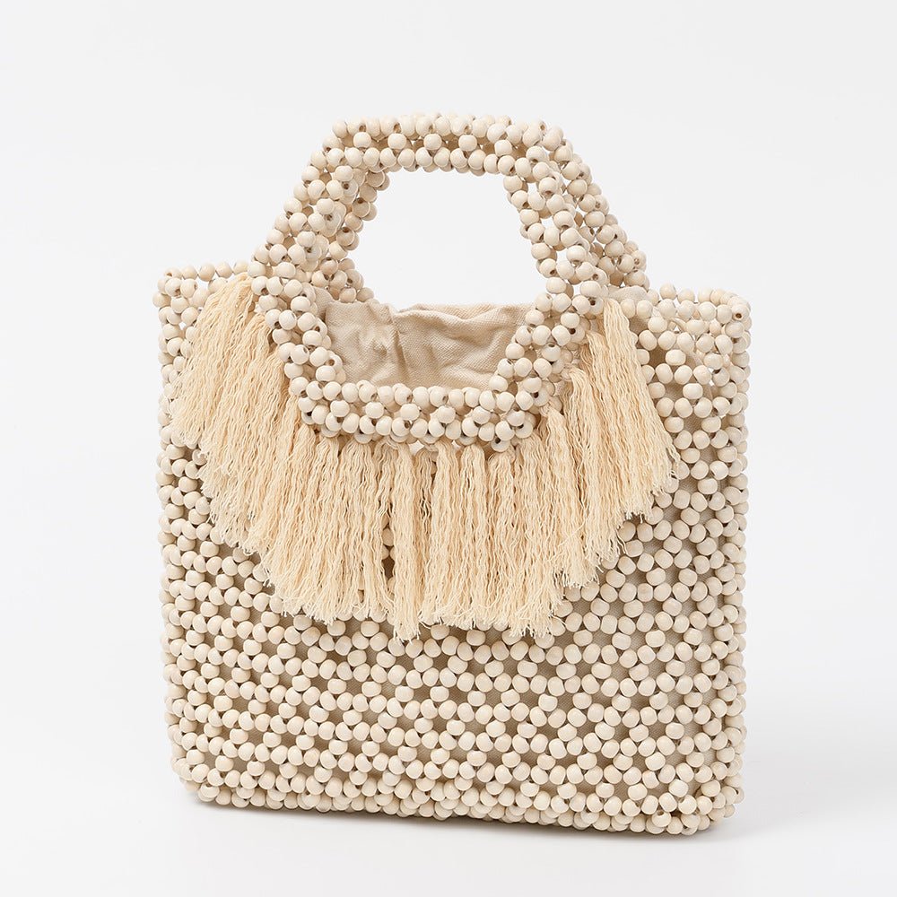 Beach Vacation Wooden Bead Bag – Handwoven Women's Travel Tote, Fringe Boho Handbag - WIVAStore