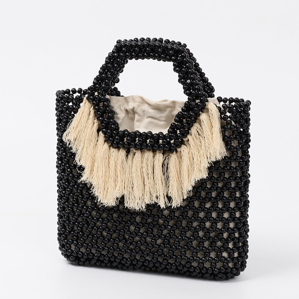 Beach Vacation Wooden Bead Bag – Handwoven Women's Travel Tote, Fringe Boho Handbag - WIVAStore