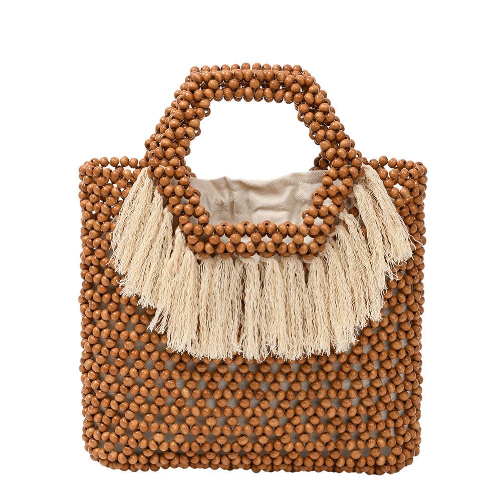 Beach Vacation Wooden Bead Bag – Handwoven Women's Travel Tote, Fringe Boho Handbag - WIVAStore