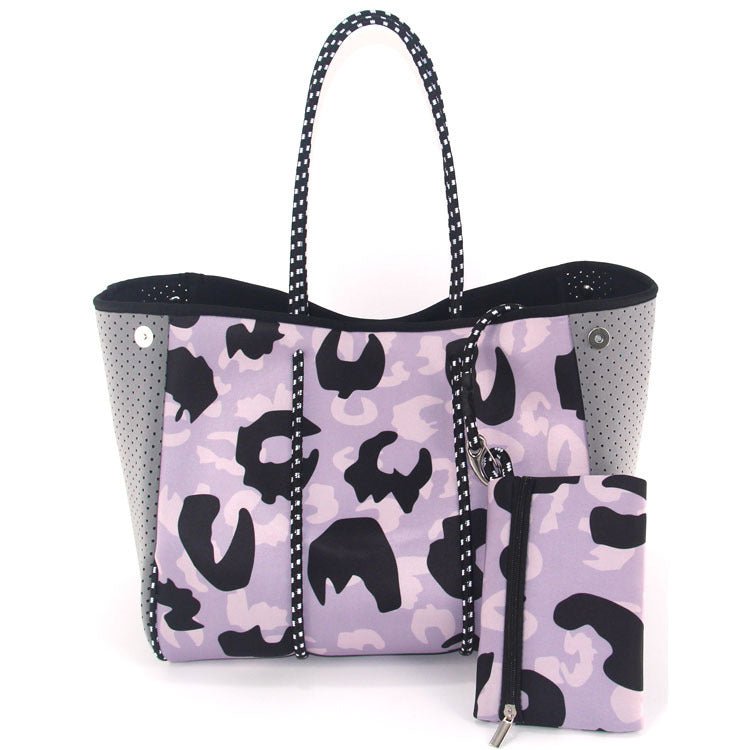 Camo Leopard Black Print Beach Tote – Women’s Neoprene Travel Bag, Diving Fabric Casual Handbag - WIVAStore