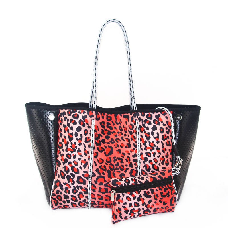 Camo Leopard Black Print Beach Tote – Women’s Neoprene Travel Bag, Diving Fabric Casual Handbag - WIVAStore