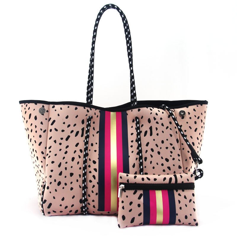 Camo Leopard Black Print Beach Tote – Women’s Neoprene Travel Bag, Diving Fabric Casual Handbag - WIVAStore