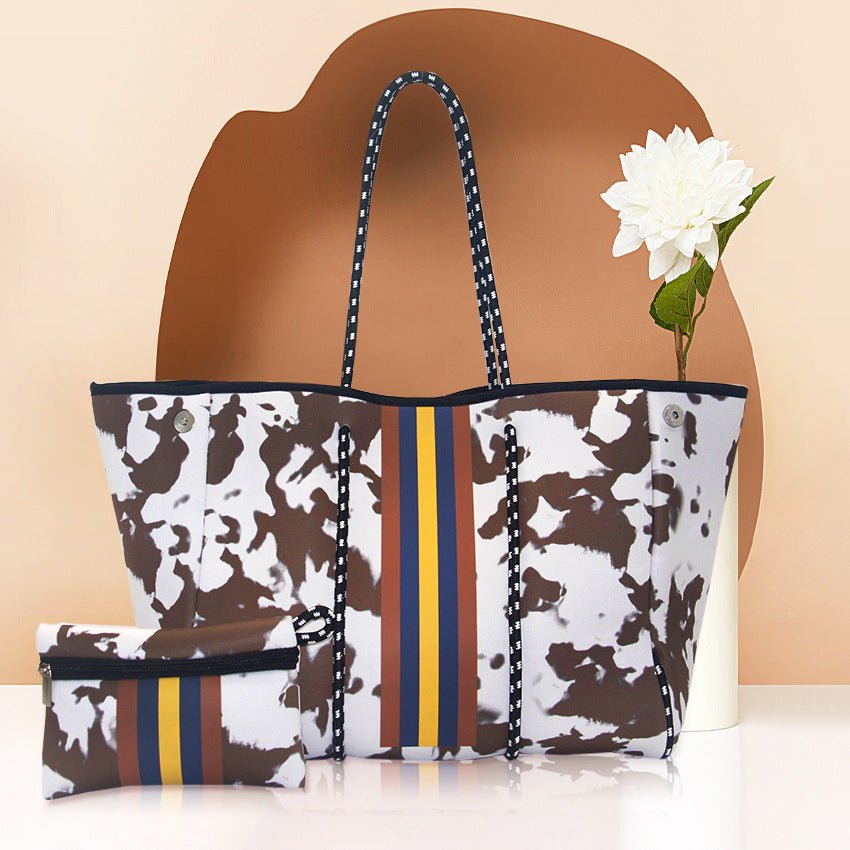 Camo Leopard Black Print Beach Tote – Women’s Neoprene Travel Bag, Diving Fabric Casual Handbag - WIVAStore