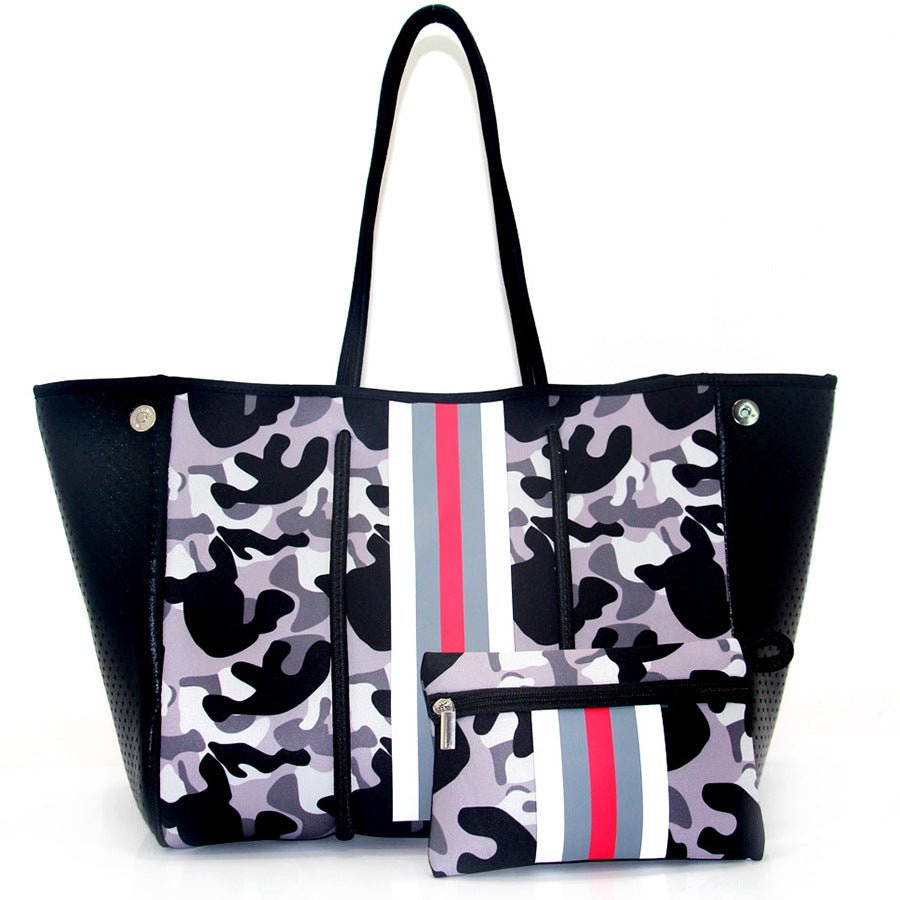 Camo Leopard Black Print Beach Tote – Women’s Neoprene Travel Bag, Diving Fabric Casual Handbag - WIVAStore