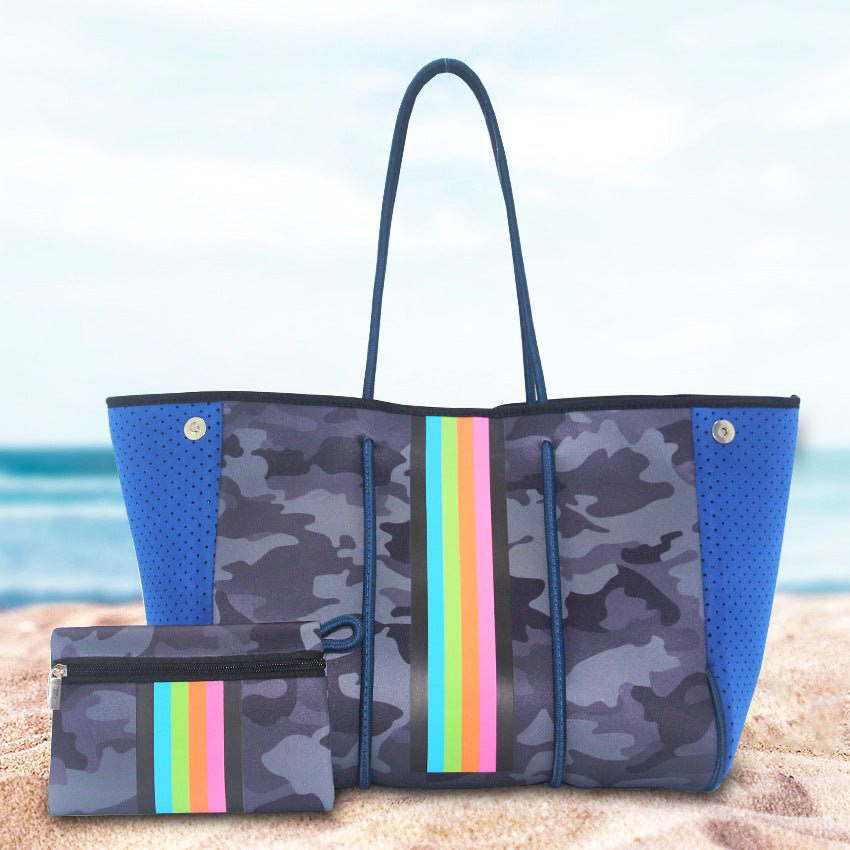 Camo Leopard Black Print Beach Tote – Women’s Neoprene Travel Bag, Diving Fabric Casual Handbag - WIVAStore