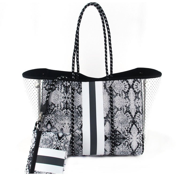Camo Leopard Black Print Beach Tote – Women’s Neoprene Travel Bag, Diving Fabric Casual Handbag - WIVAStore