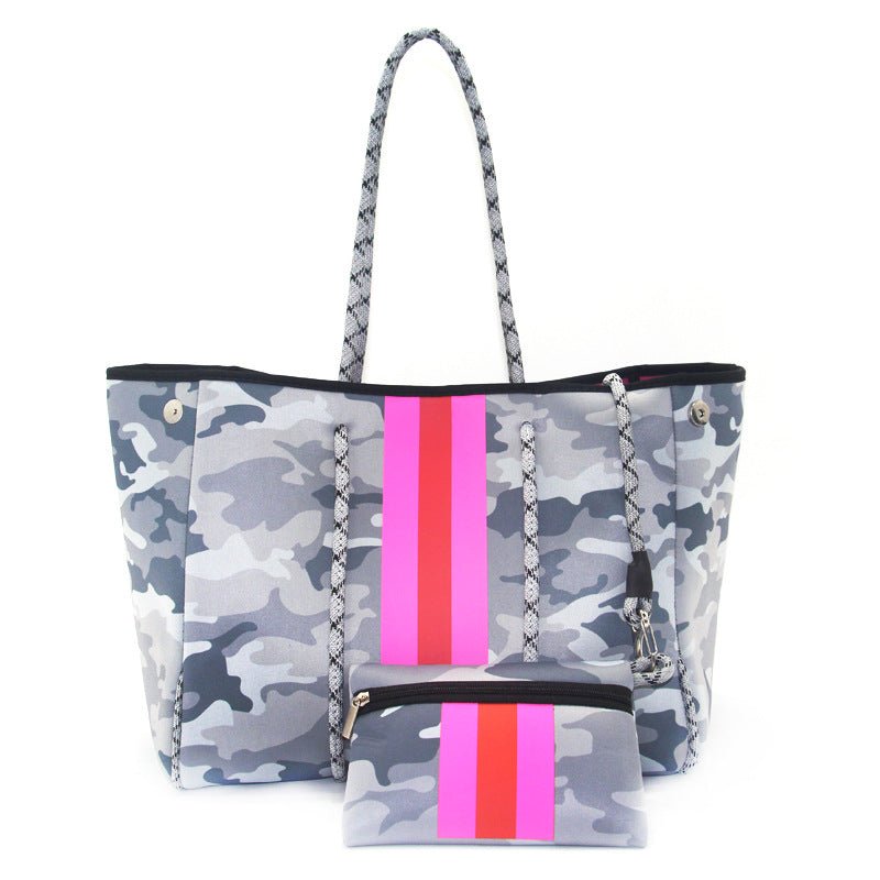 Camo Leopard Black Print Beach Tote – Women’s Neoprene Travel Bag, Diving Fabric Casual Handbag - WIVAStore