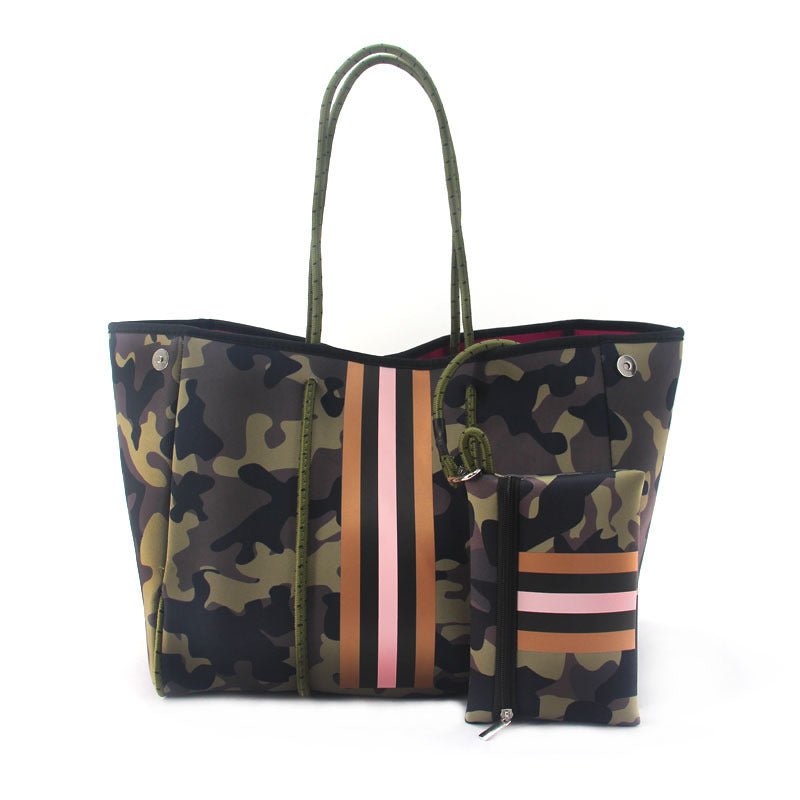 Camo Leopard Black Print Beach Tote – Women’s Neoprene Travel Bag, Diving Fabric Casual Handbag - WIVAStore