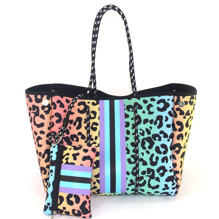Camo Leopard Black Print Beach Tote – Women’s Neoprene Travel Bag, Diving Fabric Casual Handbag - WIVAStore