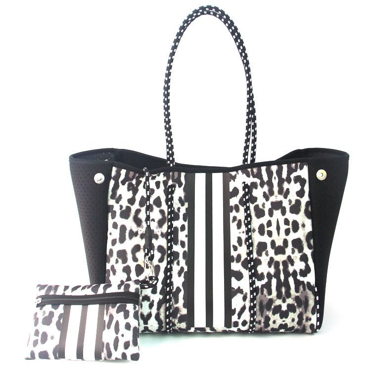 Camo Leopard Black Print Beach Tote – Women’s Neoprene Travel Bag, Diving Fabric Casual Handbag - WIVAStore