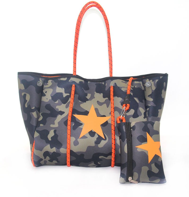 Camo Leopard Black Print Beach Tote – Women’s Neoprene Travel Bag, Diving Fabric Casual Handbag - WIVAStore