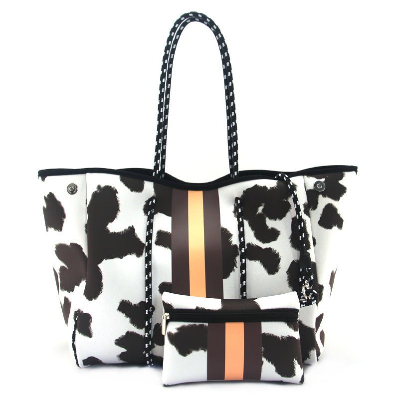 Camo Leopard Black Print Beach Tote – Women’s Neoprene Travel Bag, Diving Fabric Casual Handbag - WIVAStore
