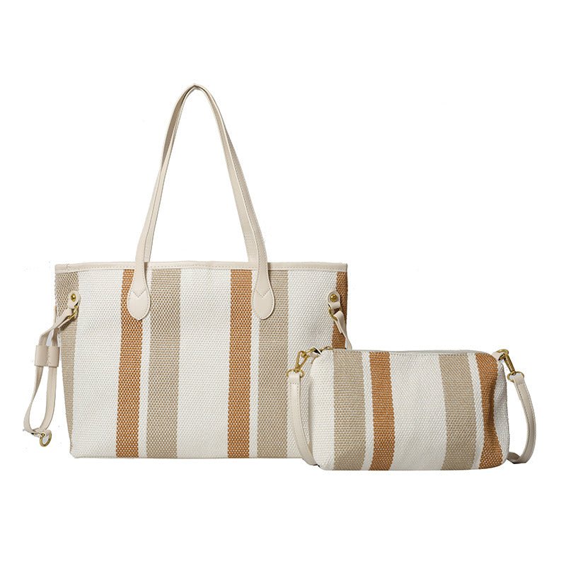 Canvas Striped Letter Print Tote – Large Shoulder & Crossbody Bag, Trendy Versatile Shopper - WIVAStore