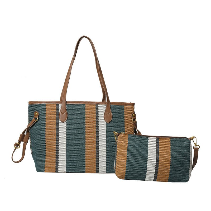 Canvas Striped Letter Print Tote – Large Shoulder & Crossbody Bag, Trendy Versatile Shopper - WIVAStore