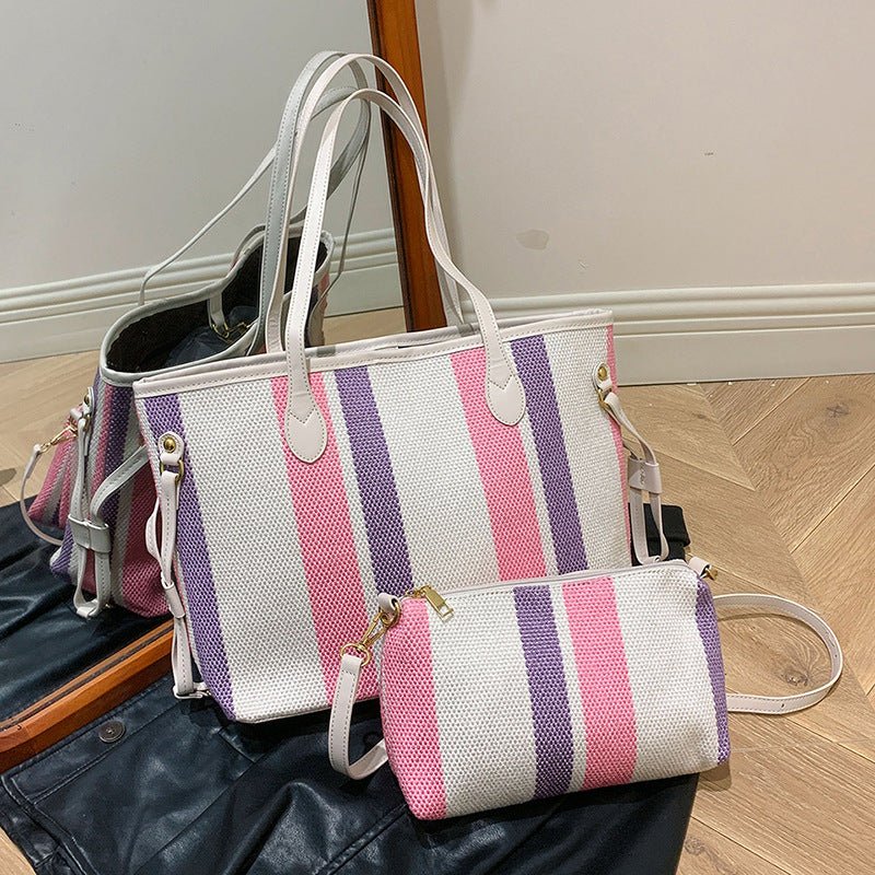 Canvas Striped Letter Print Tote – Large Shoulder & Crossbody Bag, Trendy Versatile Shopper - WIVAStore