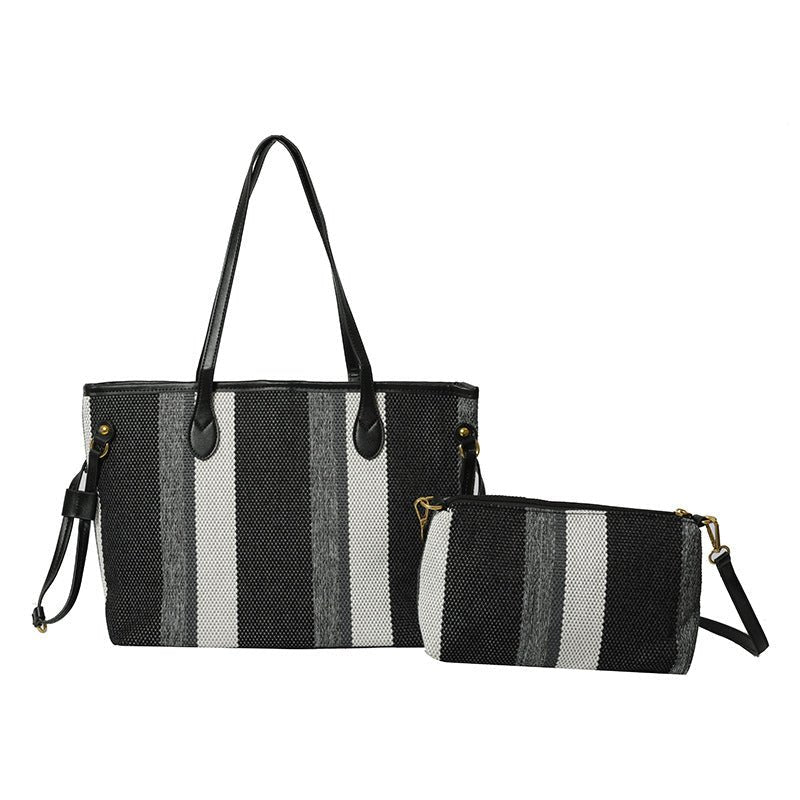 Canvas Striped Letter Print Tote – Large Shoulder & Crossbody Bag, Trendy Versatile Shopper - WIVAStore