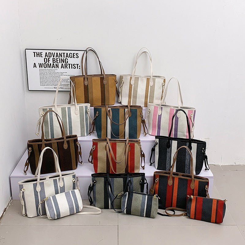 Canvas Striped Letter Print Tote – Large Shoulder & Crossbody Bag, Trendy Versatile Shopper - WIVAStore