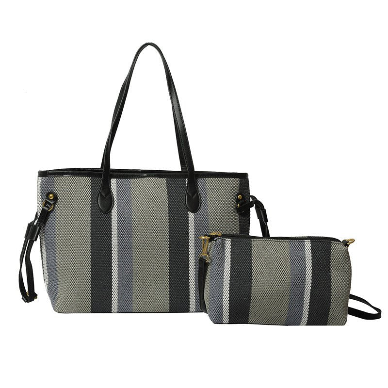 Canvas Striped Letter Print Tote – Large Shoulder & Crossbody Bag, Trendy Versatile Shopper - WIVAStore