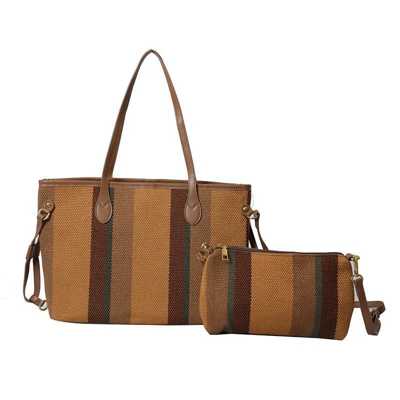 Canvas Striped Letter Print Tote – Large Shoulder & Crossbody Bag, Trendy Versatile Shopper - WIVAStore