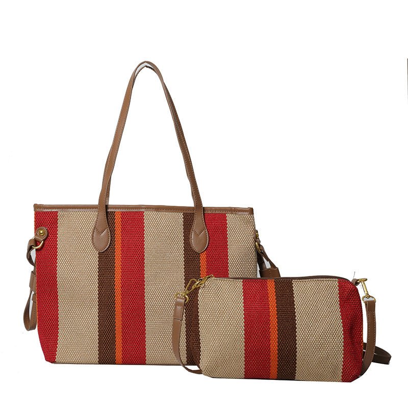 Canvas Striped Letter Print Tote – Large Shoulder & Crossbody Bag, Trendy Versatile Shopper - WIVAStore