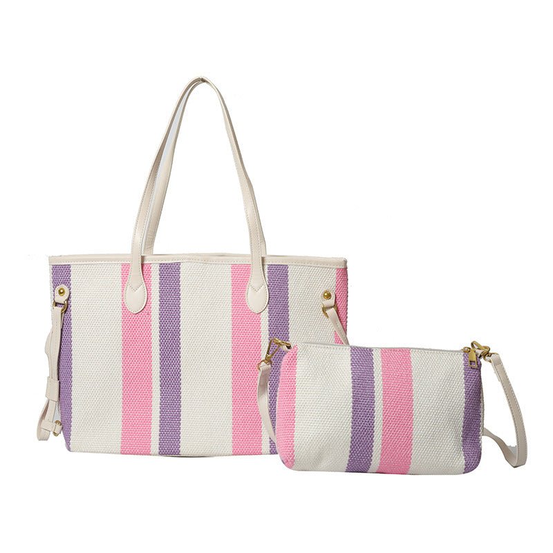 Canvas Striped Letter Print Tote – Large Shoulder & Crossbody Bag, Trendy Versatile Shopper - WIVAStore