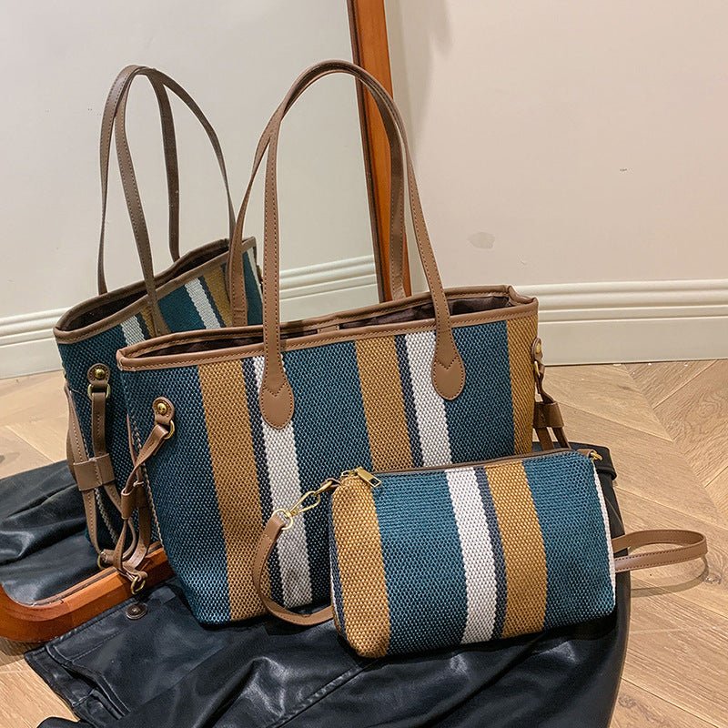Canvas Striped Letter Print Tote – Large Shoulder & Crossbody Bag, Trendy Versatile Shopper - WIVAStore