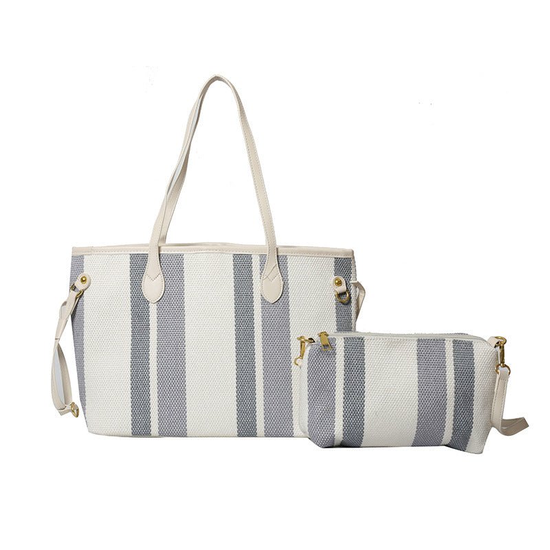 Canvas Striped Letter Print Tote – Large Shoulder & Crossbody Bag, Trendy Versatile Shopper - WIVAStore