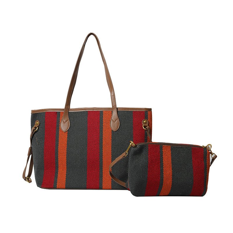 Canvas Striped Letter Print Tote – Large Shoulder & Crossbody Bag, Trendy Versatile Shopper - WIVAStore