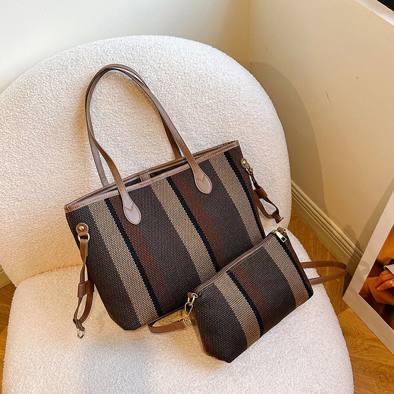 Canvas Striped Letter Print Tote – Large Shoulder & Crossbody Bag, Trendy Versatile Shopper - WIVAStore