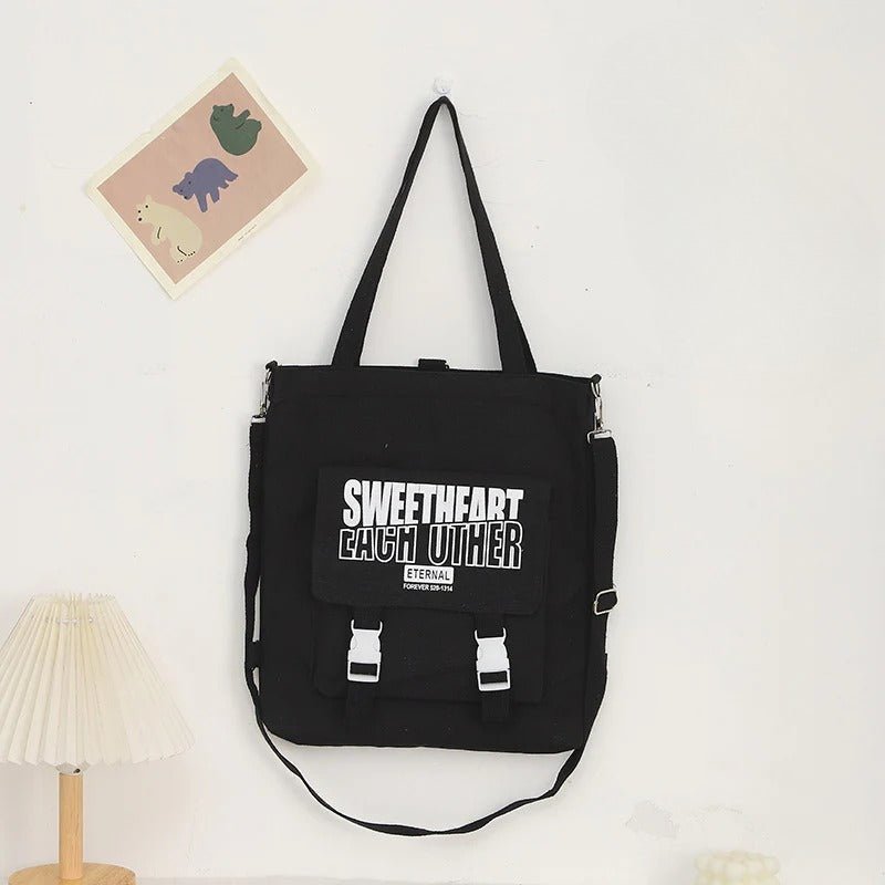 Carry letter pattern printed canvas bag, student shoulder canvas bag, shopping bag with zipper, tote canvas bag - WIVAStore