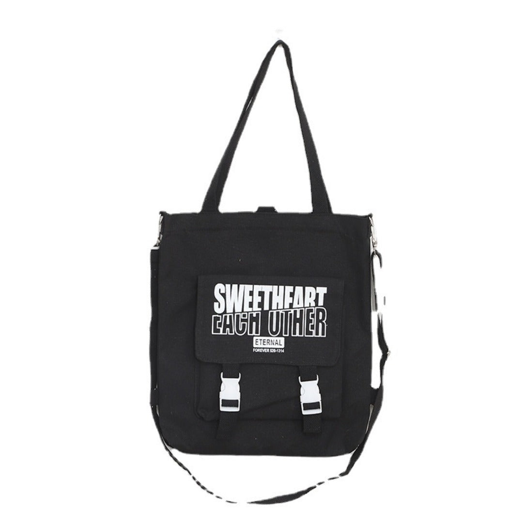 Carry letter pattern printed canvas bag, student shoulder canvas bag, shopping bag with zipper, tote canvas bag - WIVAStore
