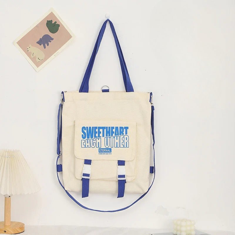 Carry letter pattern printed canvas bag, student shoulder canvas bag, shopping bag with zipper, tote canvas bag - WIVAStore
