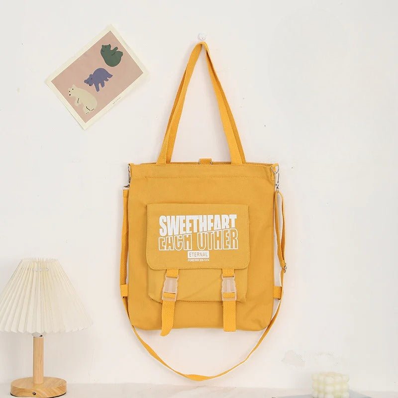 Carry letter pattern printed canvas bag, student shoulder canvas bag, shopping bag with zipper, tote canvas bag - WIVAStore
