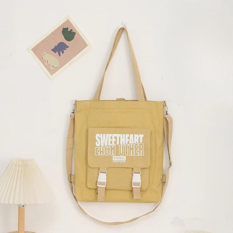Carry letter pattern printed canvas bag, student shoulder canvas bag, shopping bag with zipper, tote canvas bag - WIVAStore