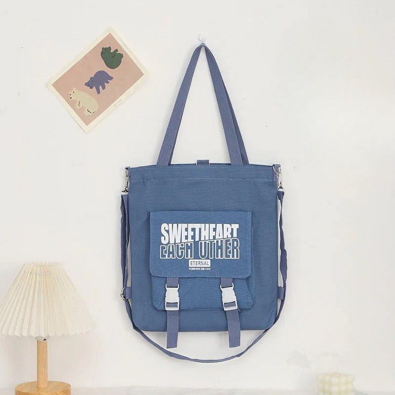 Carry letter pattern printed canvas bag, student shoulder canvas bag, shopping bag with zipper, tote canvas bag - WIVAStore
